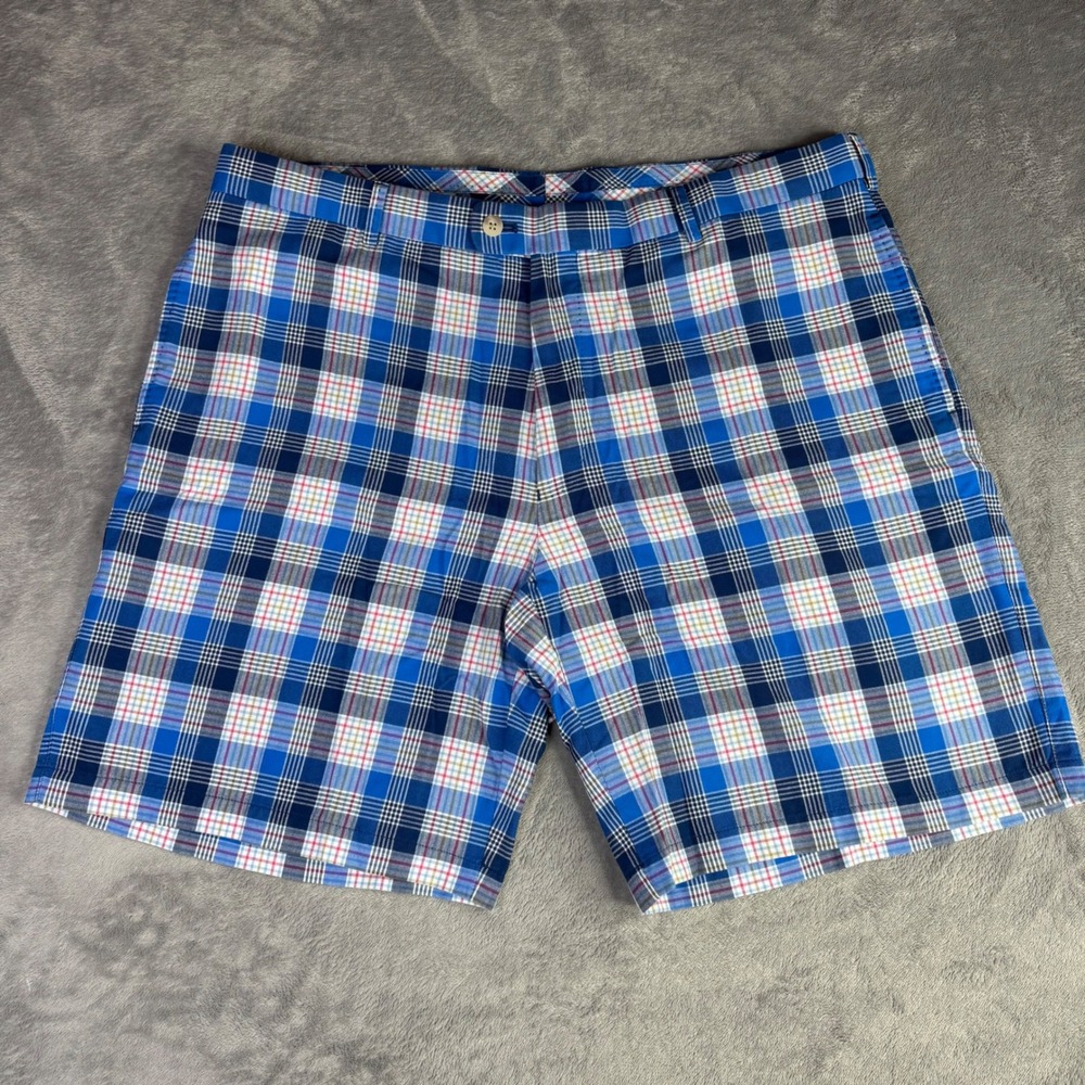 Peter Millar Shorts Mens 40 Blue Plaid Cotton Golf Preppy Flat Front Madras 40x9